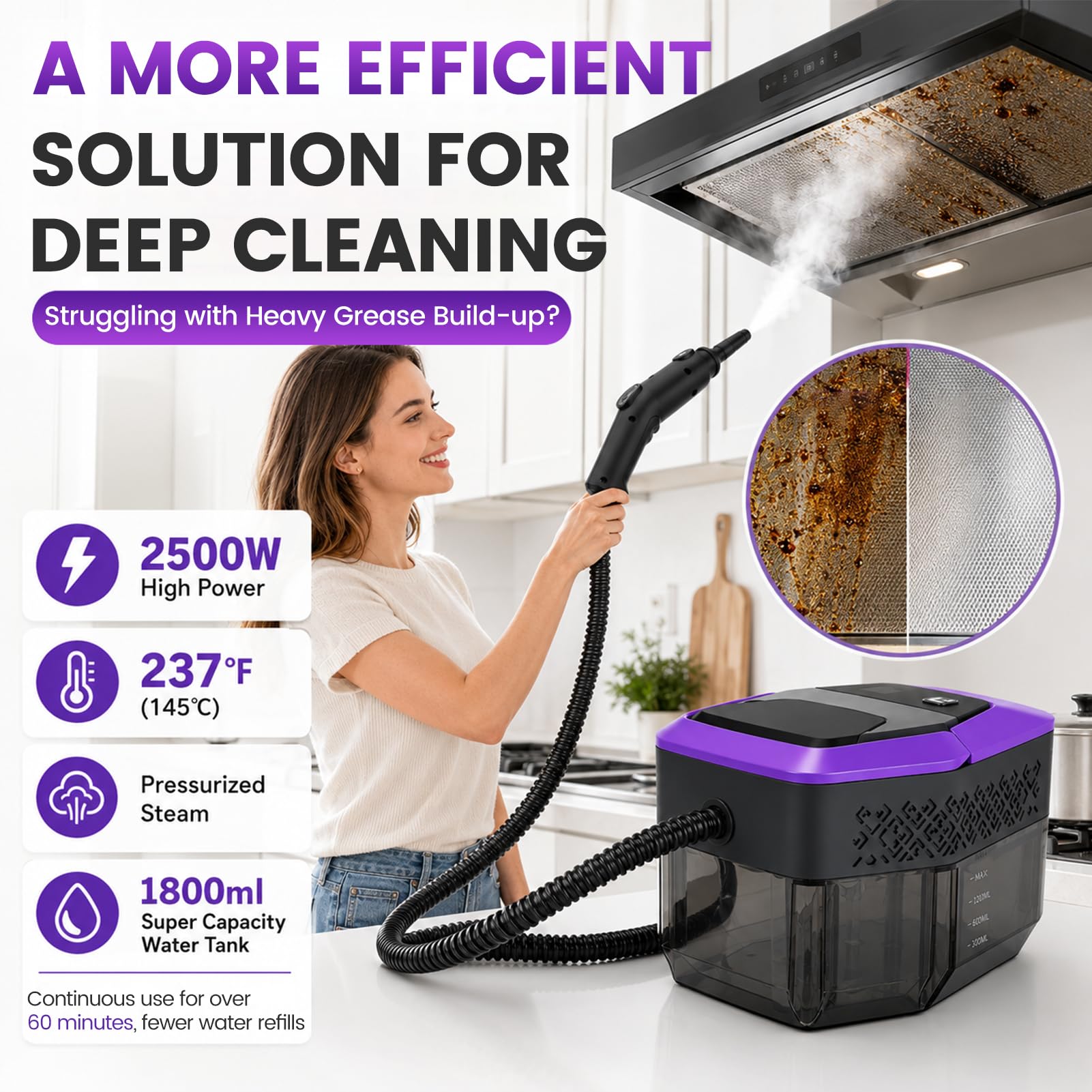 Limpiadora de Vapor 2500W, 4 Bar Maquina de Limpieza a Vapor Calentamiento 10s Depósito 1.8L Cable 5m Vaporeta Multiusos Limpieza Hogar Steam Cleaner para Coche Tapicería Cocina Baño Suelos y Ventanas