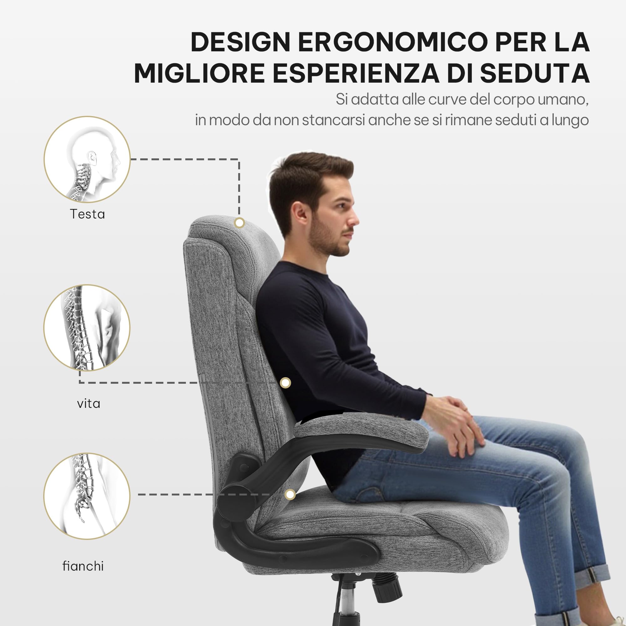 eSituro Poltrona Ufficio Ergonomica, Sedia Ufficio, Cotone Lino, Grigio | con Bracciolo Ribaltabile, Regolabile in Altezza