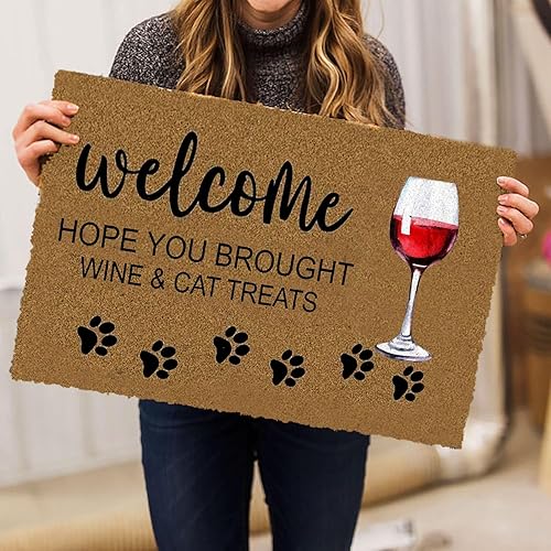 Miniatura 5 de MIAOMANSENSTORE Felpudo para interiores, con texto en inglés "Welcome Hope You Brought Wine and Cat Treats Gift for Cat Lover Welcome Doormat Home