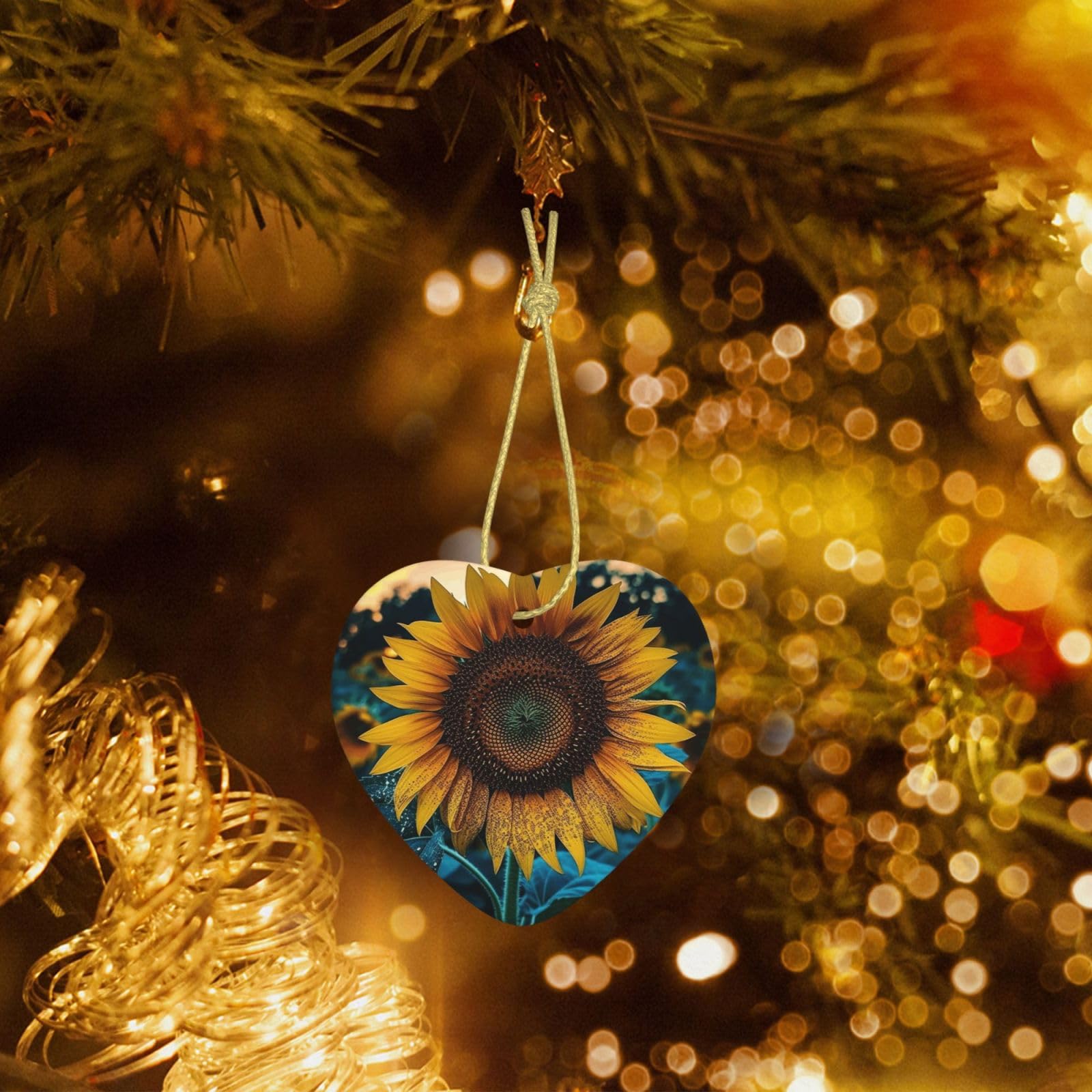 Christmas Heart Shaped Ornaments 1 Pcs, Double-Side Ceramic Xmas Tree Hanging Ornament with Gold String The Most Beautiful Sunflower Personalized Porcelain 2025 Christmas Pendent