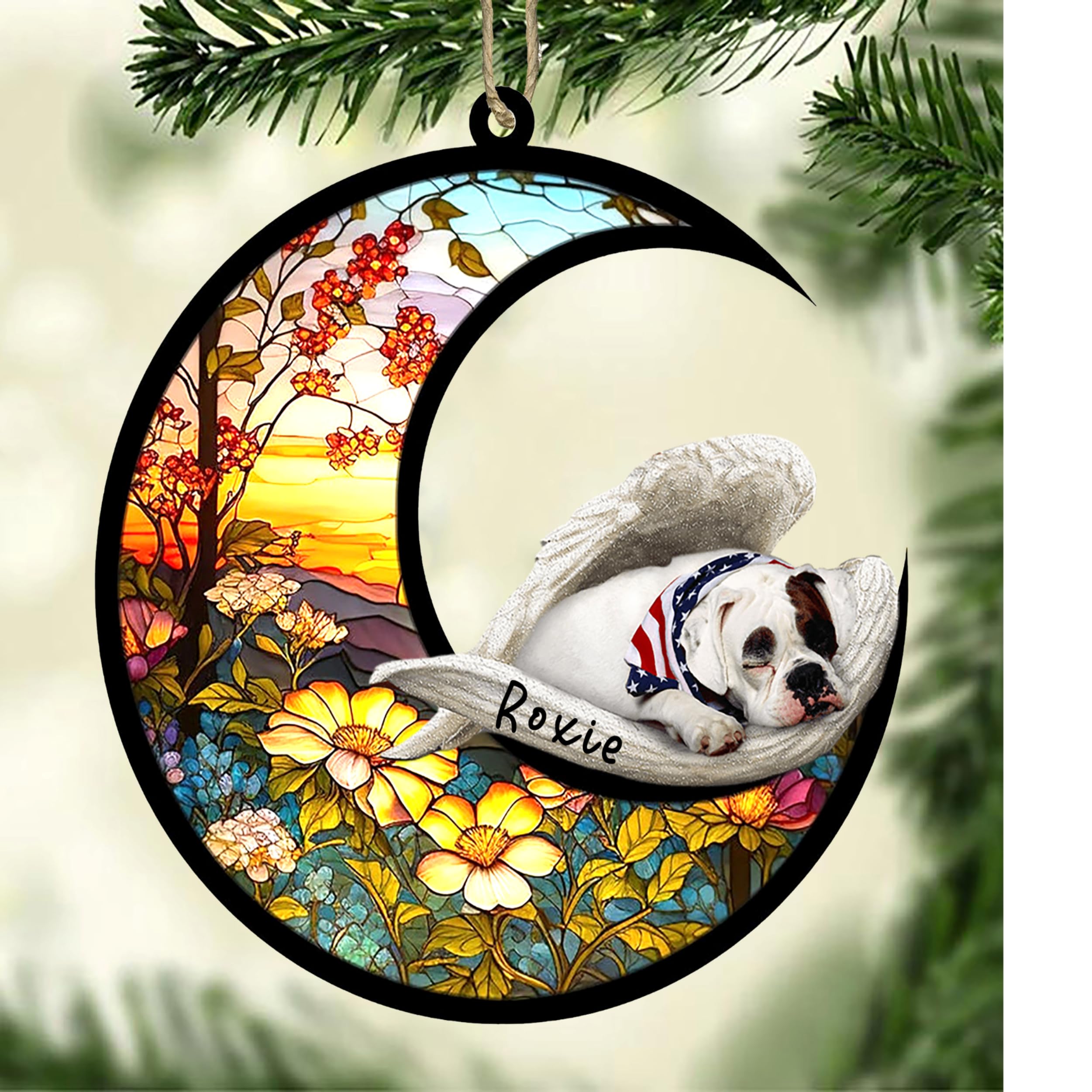 Personalized America Bulldog Dog Memorial Suncatcher, America Bulldog Christmas Ornament with Name, Pet Loss Catcher, Gifts for Dog Lovers Loss of Dog, America Bulldog Sleep on Haven