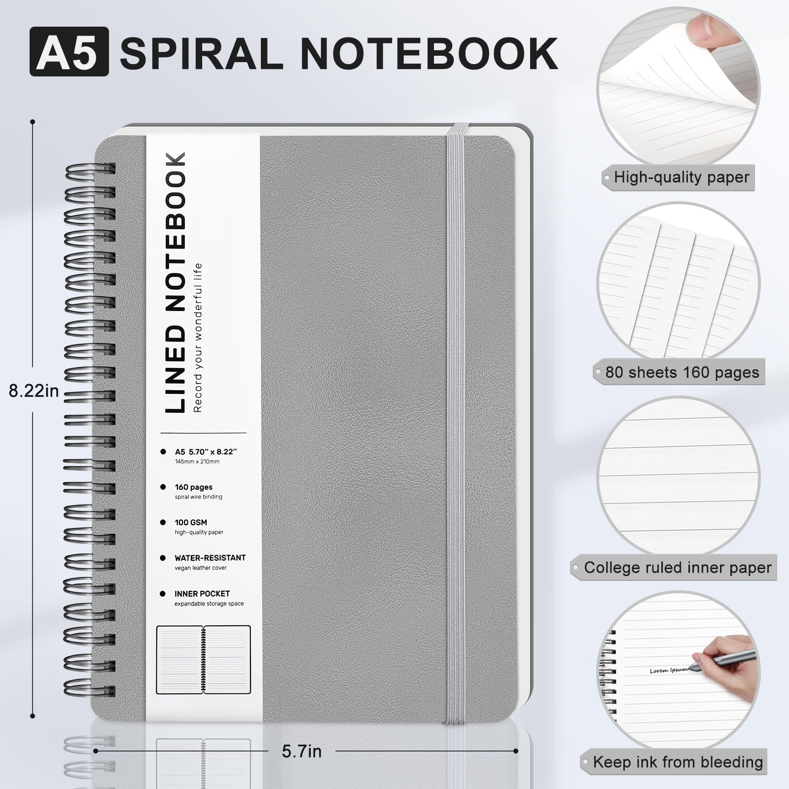 ABERLLS Cuaderno de espiral con rayas grises con 160 páginas, 8 x 5.7 pulgadas, cuaderno en espiral A5, cuadernos de diario para el trabajo, escuela, mujeres, hombres, cuaderno de espiral con rayas