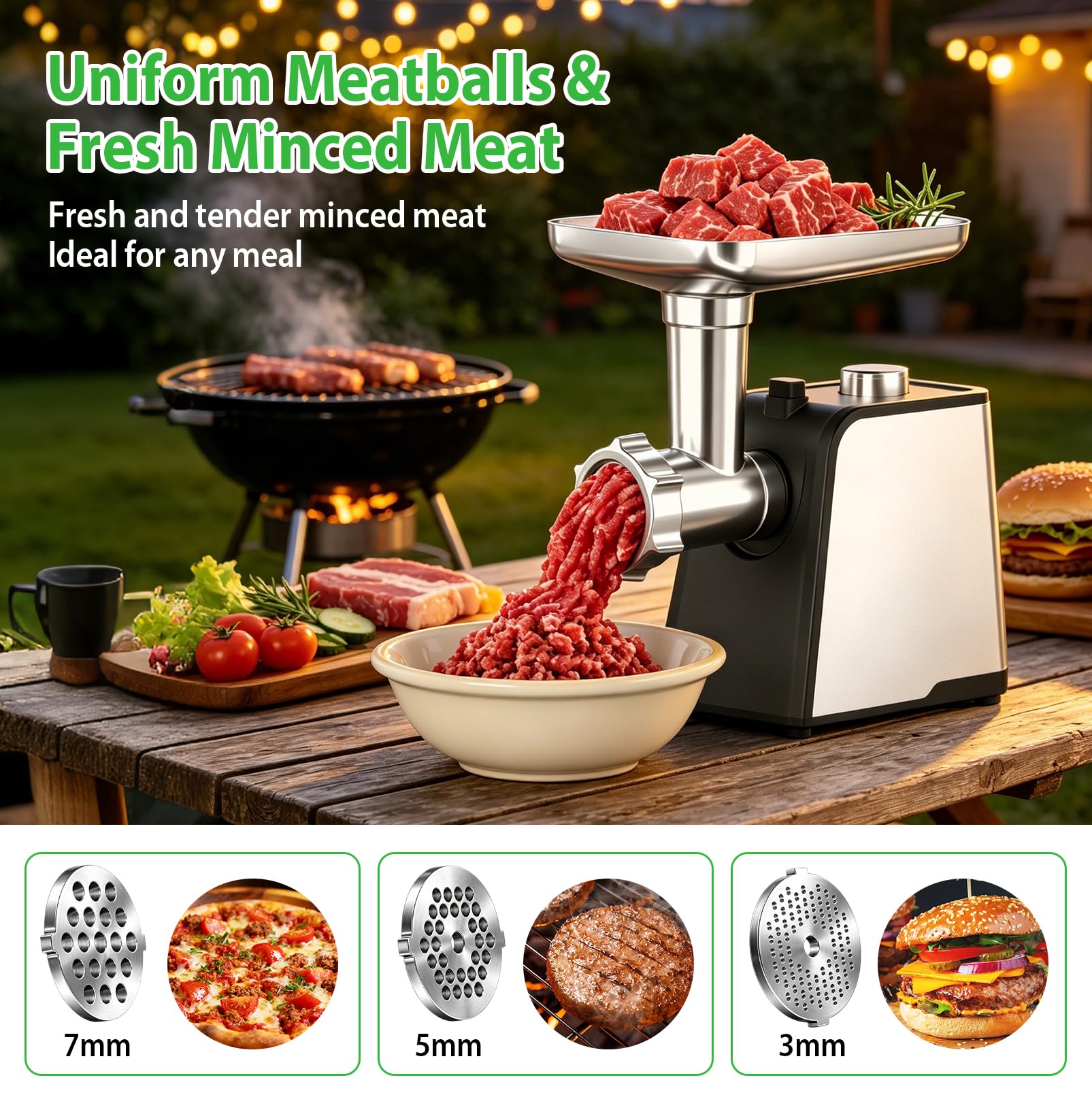Picadora de Carne Eléctrica 3 en 1 con Embutidora de Salchichas | Picadora de Carne 3200W de Acero Inoxidable, Máquina de Salchichas con 3 Tubos de Relleno, 3 Placas de Corte, 2 Cuchillas