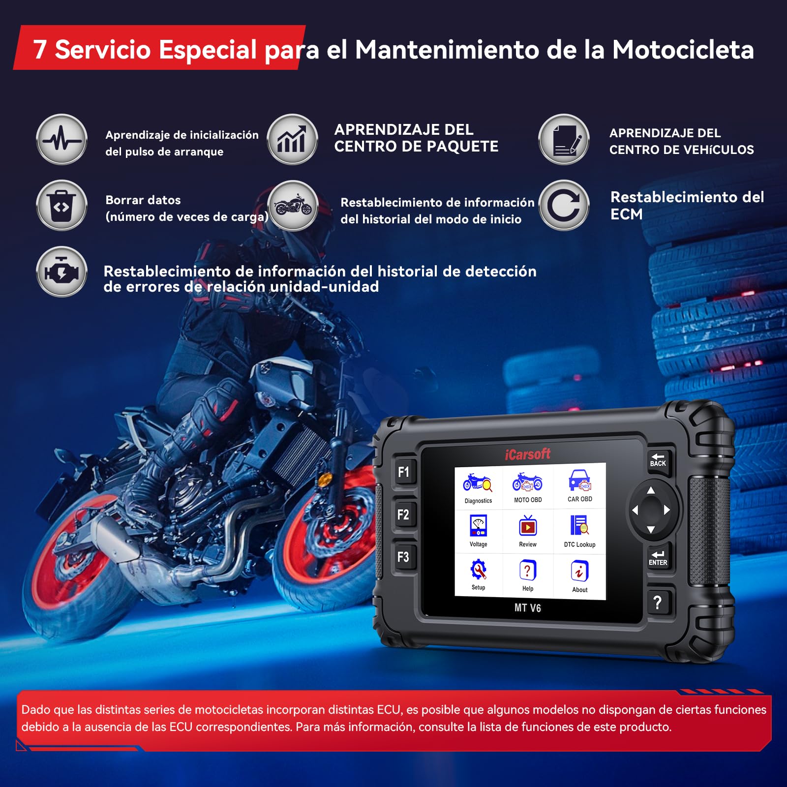 iCarsoft MT V6 para Honda Moto, Herramienta de Diagnosis de Sistema Completo, 7 Servicios, Lector de códigos de Motor con Vin automático, Prueba de batería y actualización de por Vida.