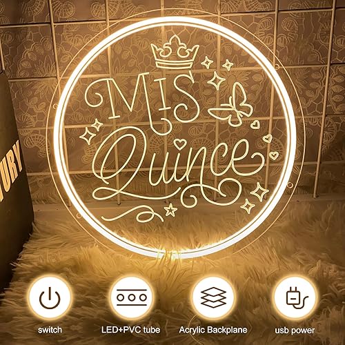 Miniatura 4 de Letrero de neón con texto en inglés "Mis Quince" para pared, 15 luces LED de neón con interruptor regulable, letras de neón para dormitorio,