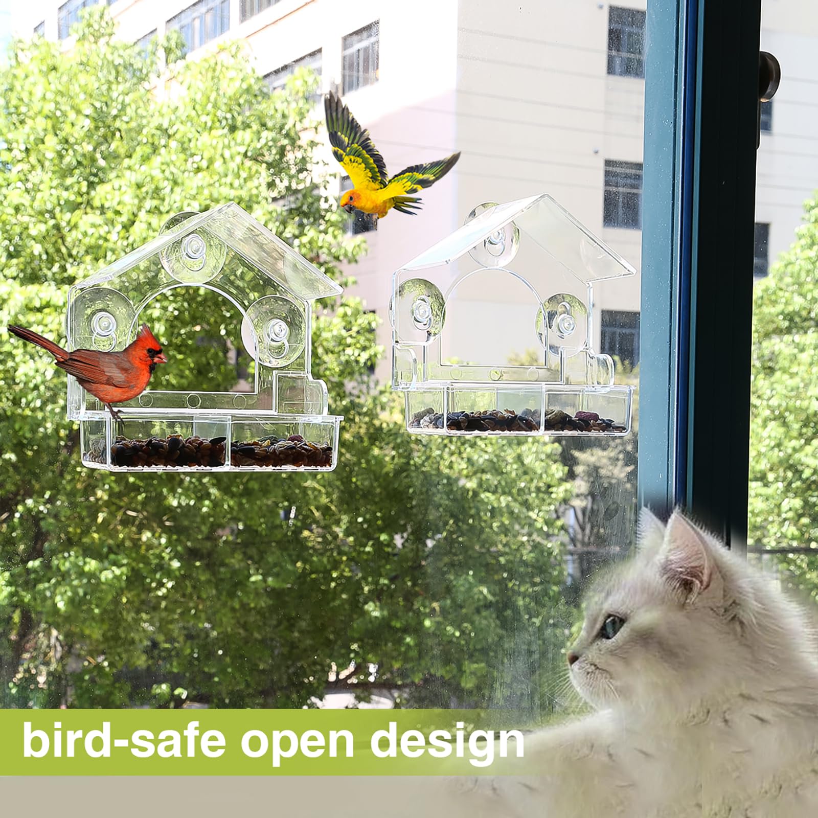 2 comederos para pájaros con ventana con 4 ventosas extrafuertes, comederos transparentes para pájaros, casa para pájaros para ver ventanas al aire libre, bandeja extraíble, casa de pájaros