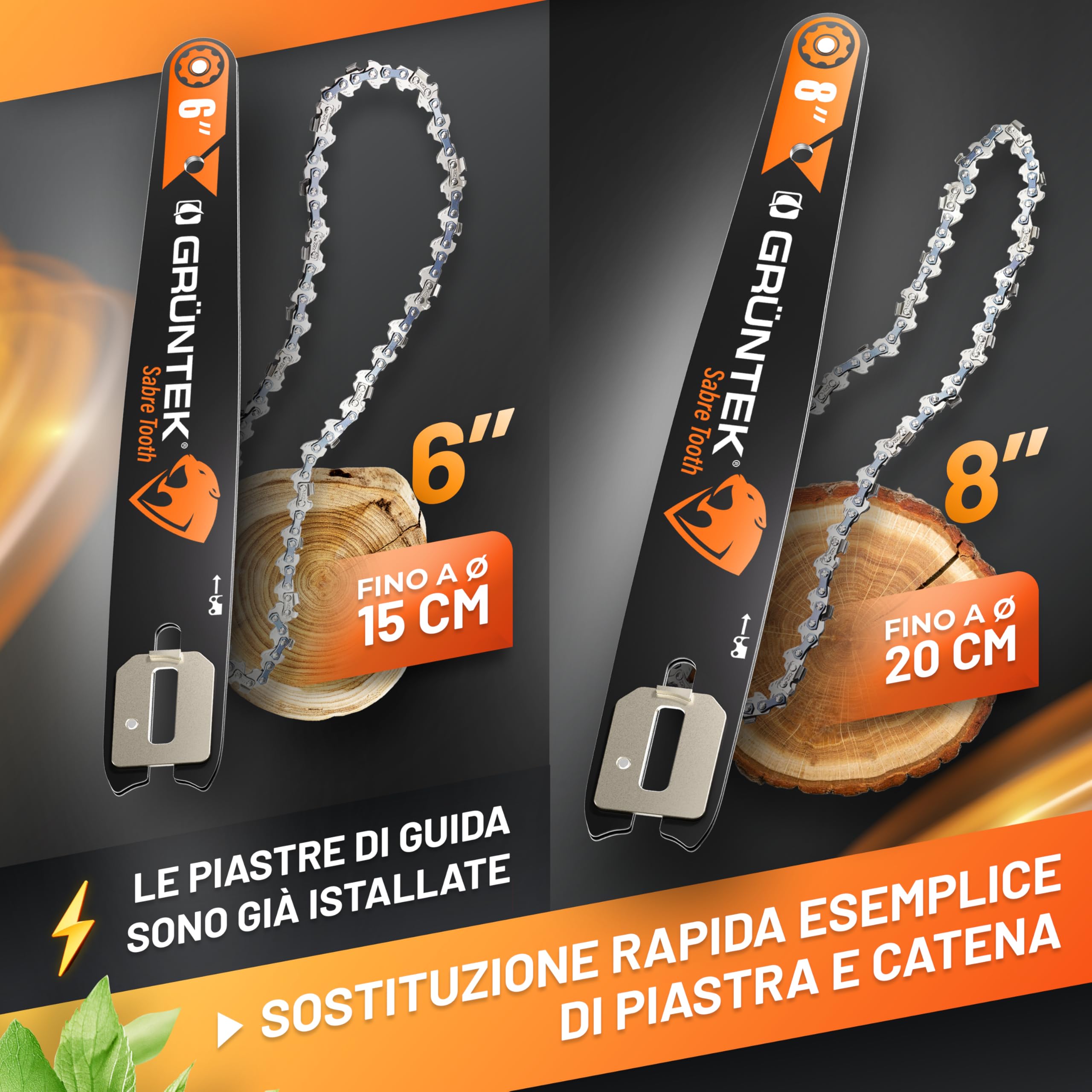 GRÜNTEK Mini Motosega a Batteria 1050W. Motosega Elettrica 6" e 8". Sega Elettrica per Potatura Brushless. Seghetto Elettrico per Legno. Lubrificazione Automatica. Potatore con 2 Batterie 21V.