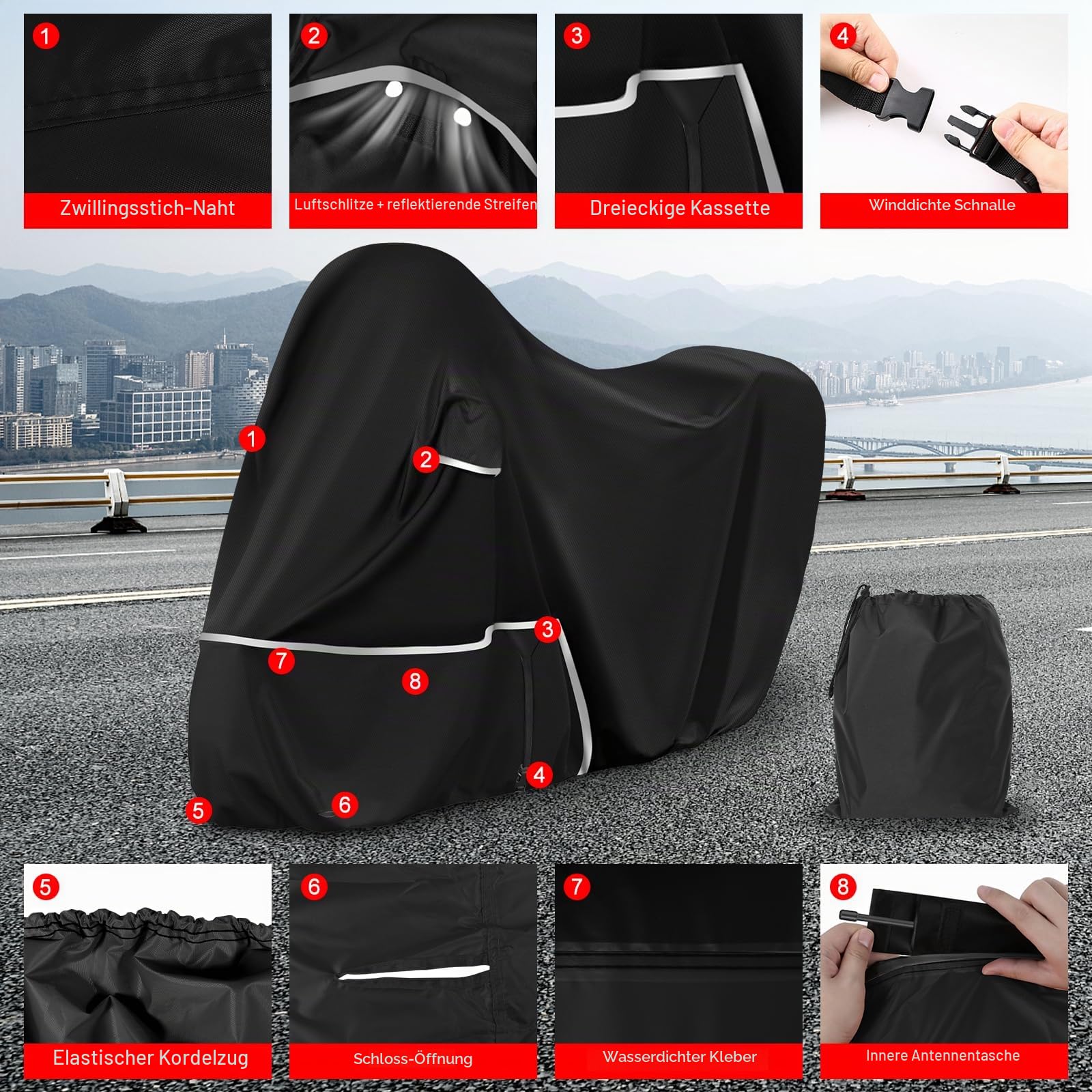 Motorradabdeckung Outdoor passend für Piaggio mp3 400/500 (Mit Kofferraum) | Wasserdicht Winterfest Motorrad Abdeckplane Abdeckung 420D Oxford-Stoff Motorrad Abdeckung Plane, Schwarz