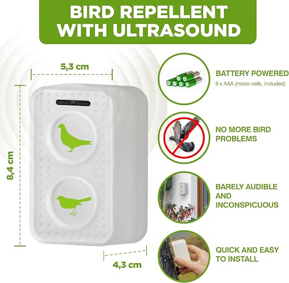 ISOTRONIC Ultrasonic Bird Repellent for Repelling Pigeons, Sparrows, Seagulls & Crows – Battery-Operated Bird Scarer for Balcony, Roof & Garden – Pigeon Repellent with a 50m² Effective Range (1 Unit)