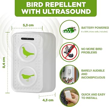 ISOTRONIC Ultrasonic Bird Repellent for Repelling Pigeons, Sparrows, Seagulls & Crows – Battery-Operated Bird Scarer for Balcony, Roof & Garden – Pigeon Repellent with a 50m² Effective Range (1 Unit)