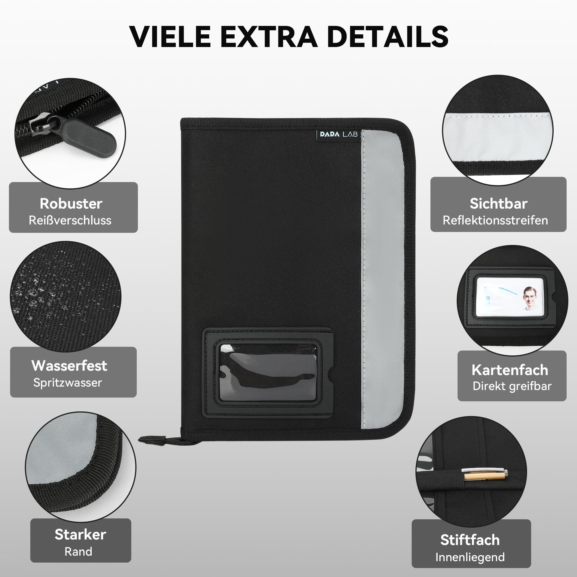 Carpeta para coche A5, guantera, 4 compartimentos, rayas reflectantes, compartimento para tarjetas separado, carpeta para documentos, color negro