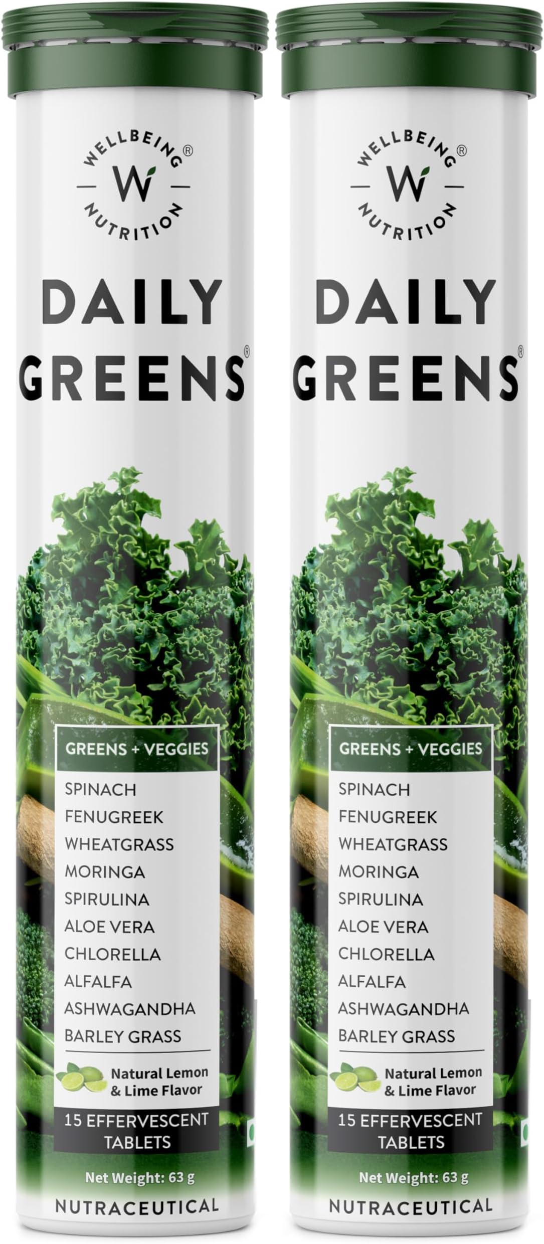 Daily Greens | Wholefood Multivitamins with Vitamin C, Zinc, B6 for Immunity & Detox with Organic Certified Plant Superfoods & Antioxidants (15 Effervescent Tablets) Pack of 2