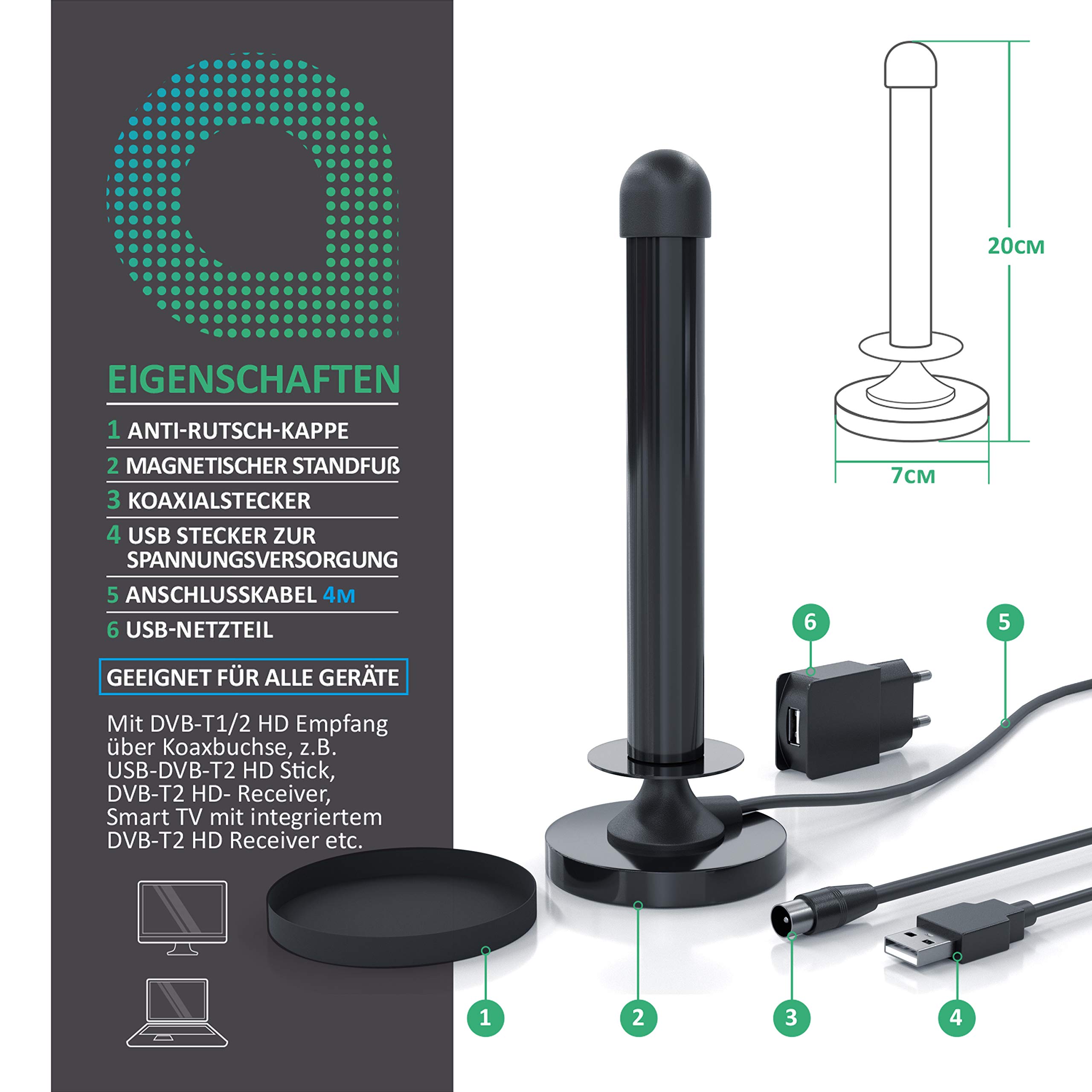CSL- DAB+ DVB-T2 HD Antenne aktiv - Digitale HDTV Stabantenne Zimmerantenne Verstärkerantenne - 4 m Kabel USB und Koaxialstecker inkl. USB Netzteil