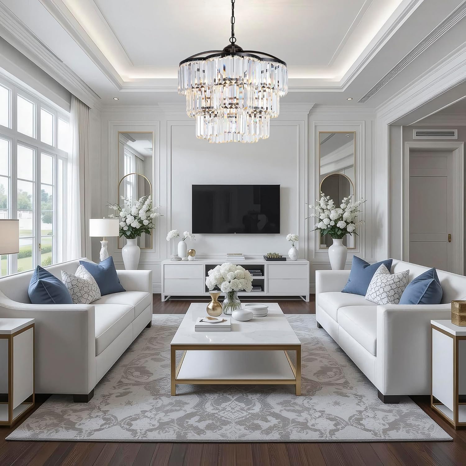 Black Crystal Chandelier - 3 Tiered Adjustable Modern Pendant Light for Dining Room Foyer Living Room Bedroom Kitchen Entryway (6 Lights)