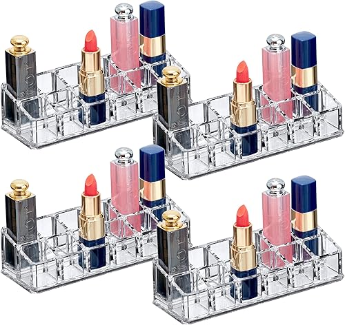 WWEsemeren Paquete de 4 organizadores de lápiz labial acrílico con 12 ranuras, soporte para lápiz labial, soporte para brillo de labios, pantalla de
