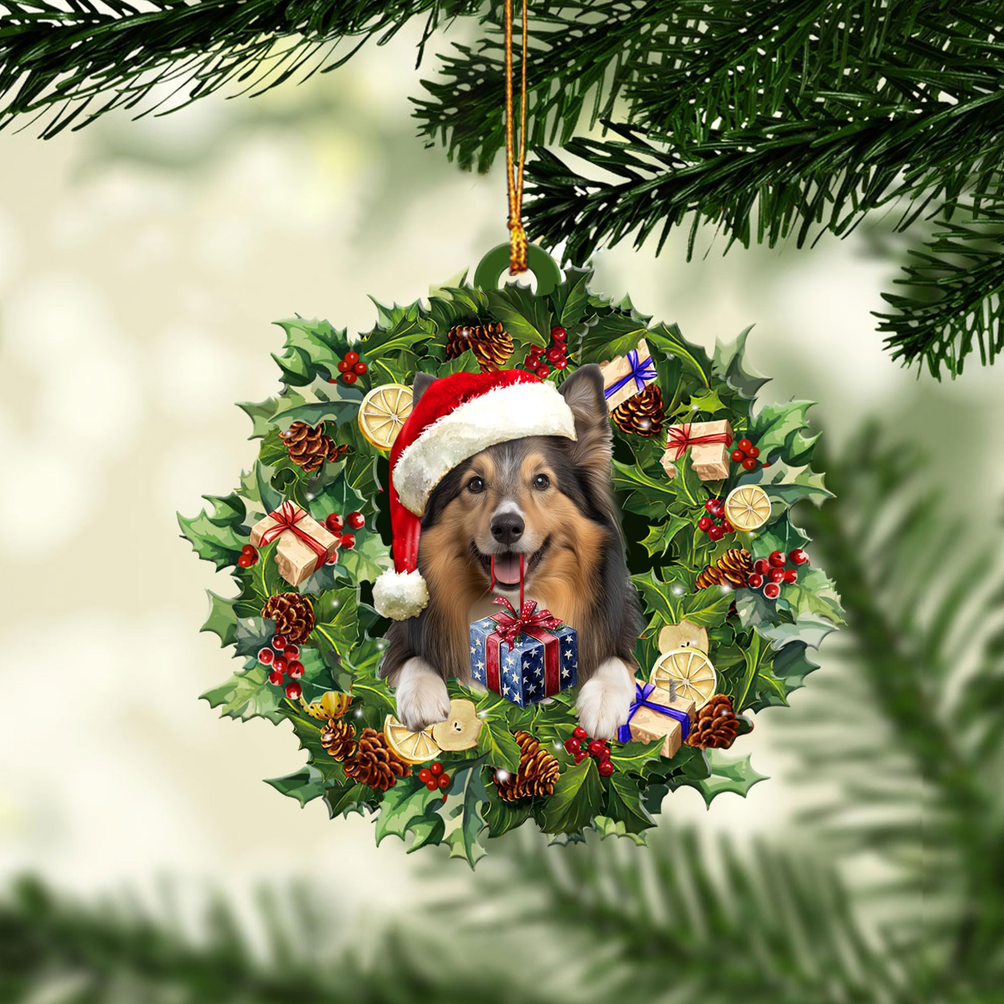 Talataca Sheltie Wearing A Christmas Hat Wreath Shetland Sheepdog Dog 2D Flat Car Rear View Mirror Accessories Christmas Tree Ornament Decoration Hanging Charm Interior Rearview Pendant Decor Gift