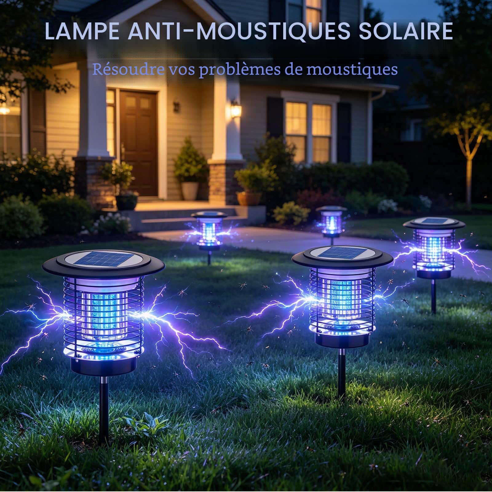 Lampe solaire anti-moustiques 2 en 1 - 3500 V - Haute tension - Batterie 4400 mAh - Couverture de 150 m² - Étanche IPX5 et lumière UV - Destructeur d'insectes efficace avec éclairage de jardin - Pour