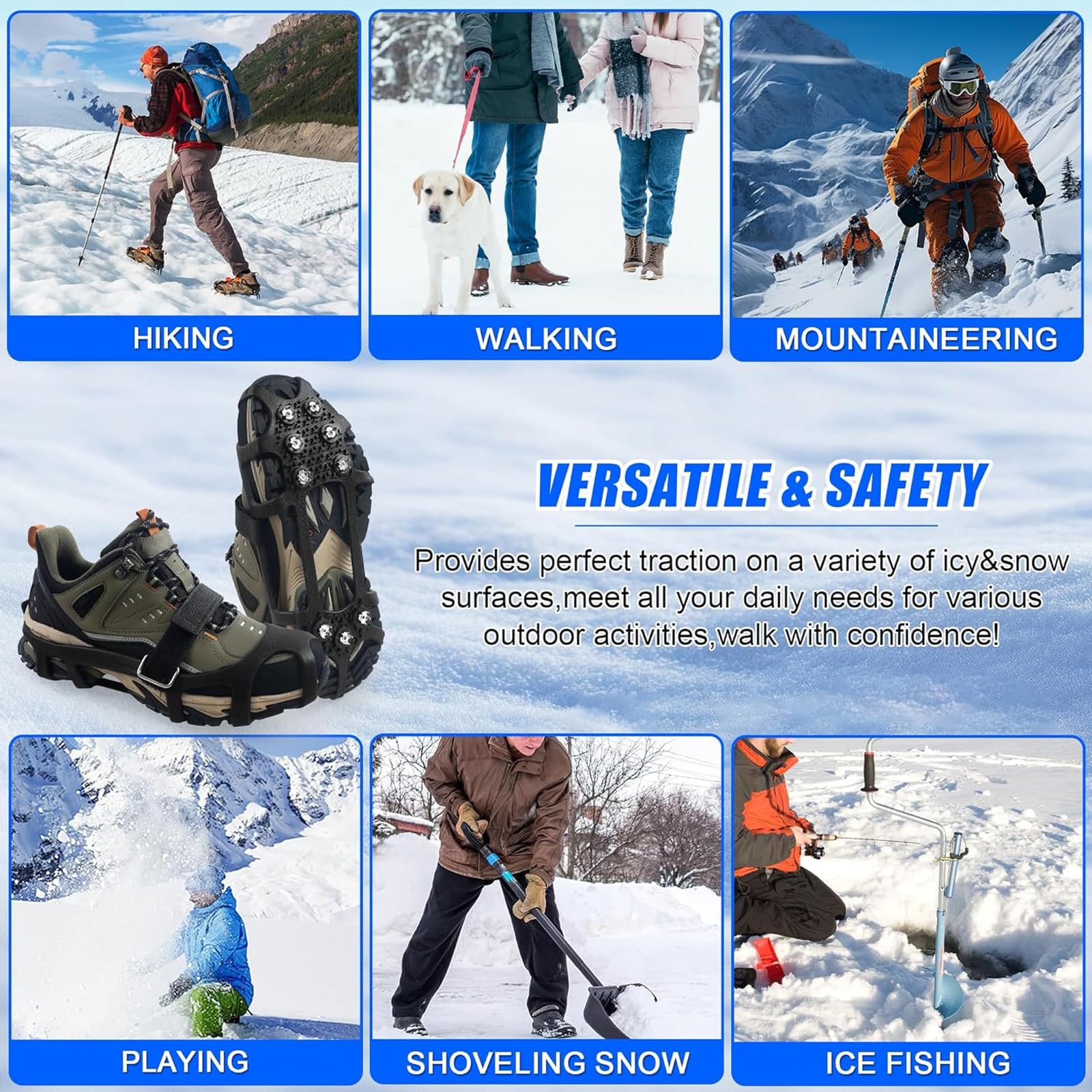 Tacchetti da ghiaccio per scarpe e stivali da neve Tacchetti da trazione ramponi per camminare su neve e ghiaccio 9 tacchetti antiscivolo in gomma antiscivolo ramponi antiscivolo calzature elastiche