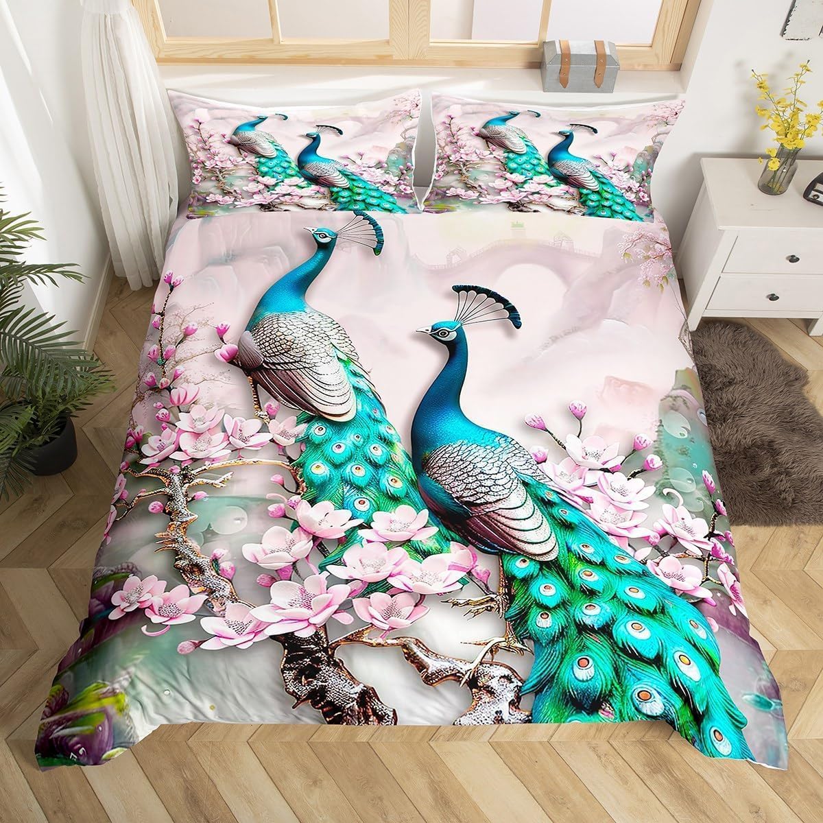 Peacock Bedding Duvet Cover Sets,Elegant Gorgeous Blue Feather Comforter Cover for Girls Women Pink Flower Soft Quilt Cover 2Pcs,Birds Animal Theme Decor Bedspread with 1 Pillowcase,Twin Size