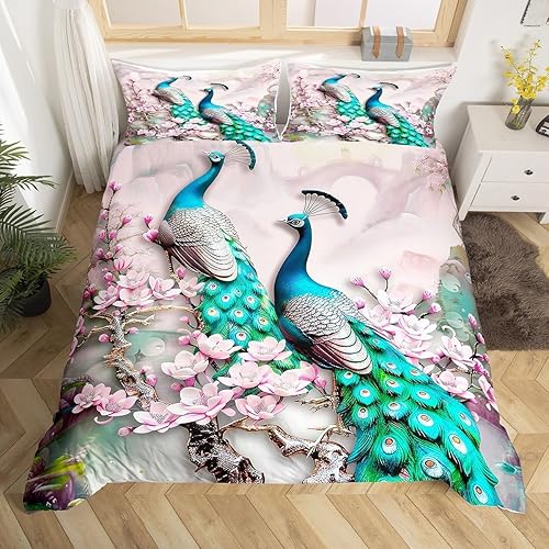 Miniatura 1 de Juego de funda de edredón de pavo real, elegante y hermosa funda de edredón de plumas azules para niñas y mujeres, funda de edredón suave de 3