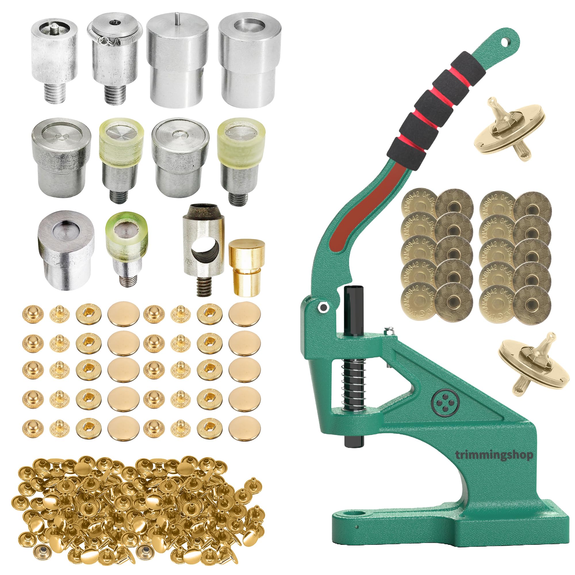 Trimming Shop Prensa manual The Green Machine, agarre de espuma, remaches tubulares, botones de presión de cierre a presión y cierre magnético con troqueles de fijación para hacer bolsos, bolsos,