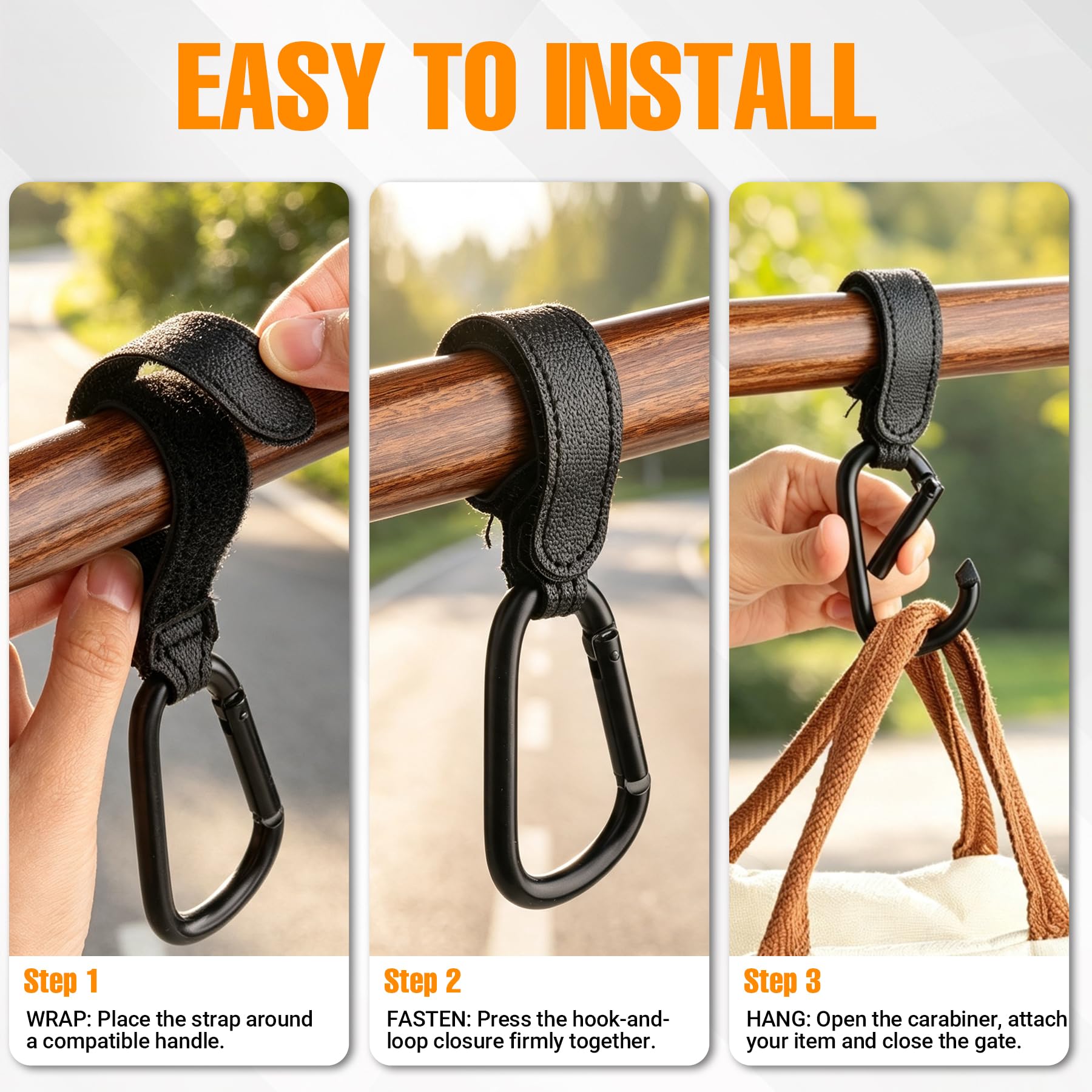 Go Pal Paquete de 6 ganchos para cochecito de bebé, clips y ganchos para cochecito de bebé, soporta 33 libras por gancho para cochecito, clip de mosquetón ajustable para UPPAbaby, DOONA, Baby Jogger