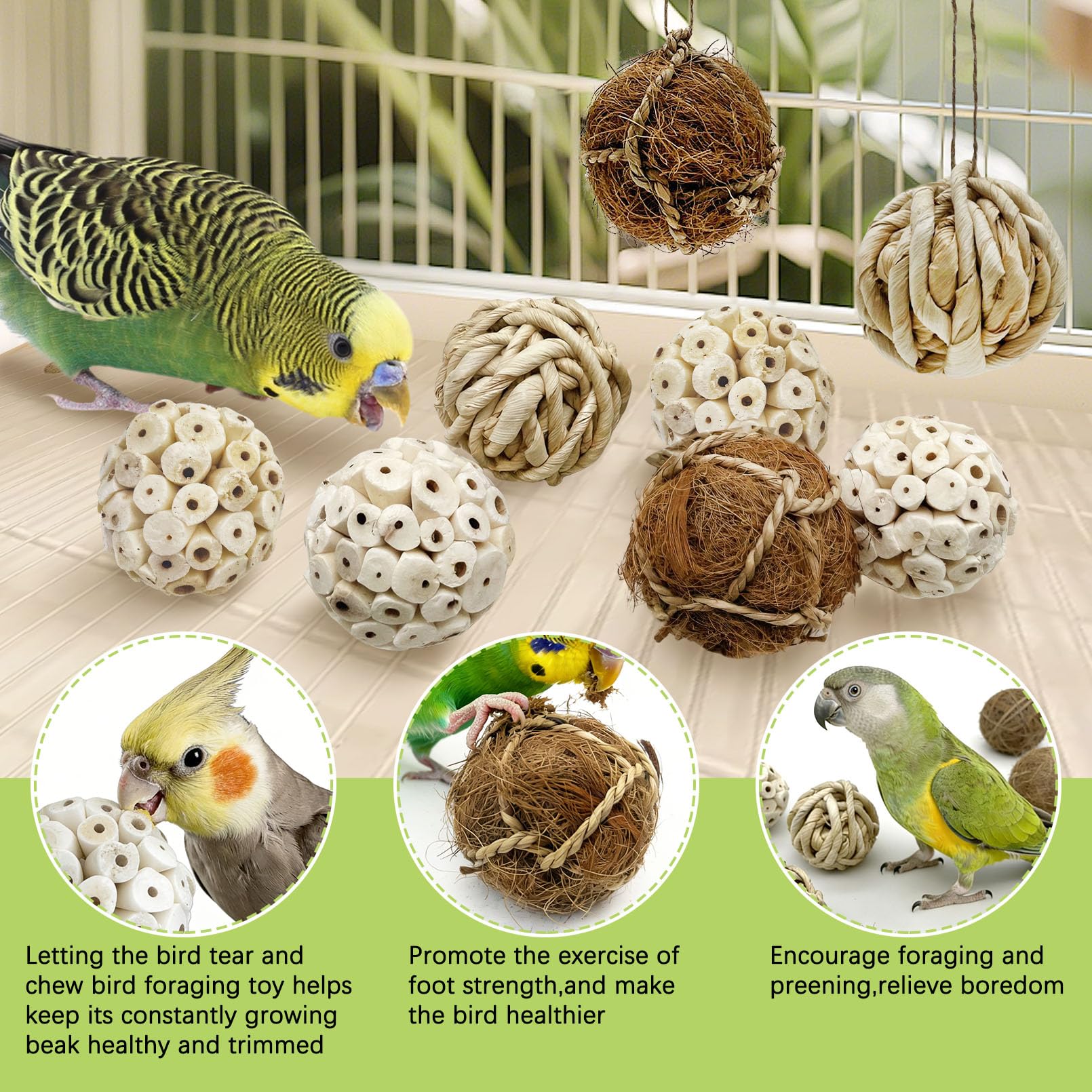 BNOSDM 8PCS Natural Bird Chew Toys Sola Balls Shred Toy Lightweight Conure Foot Toy Interactive Parrot Foraging Toys Bird Chew Balls with Hemp Rope Hook for Budgies Cockatiels Parakeets Senegal - image 4