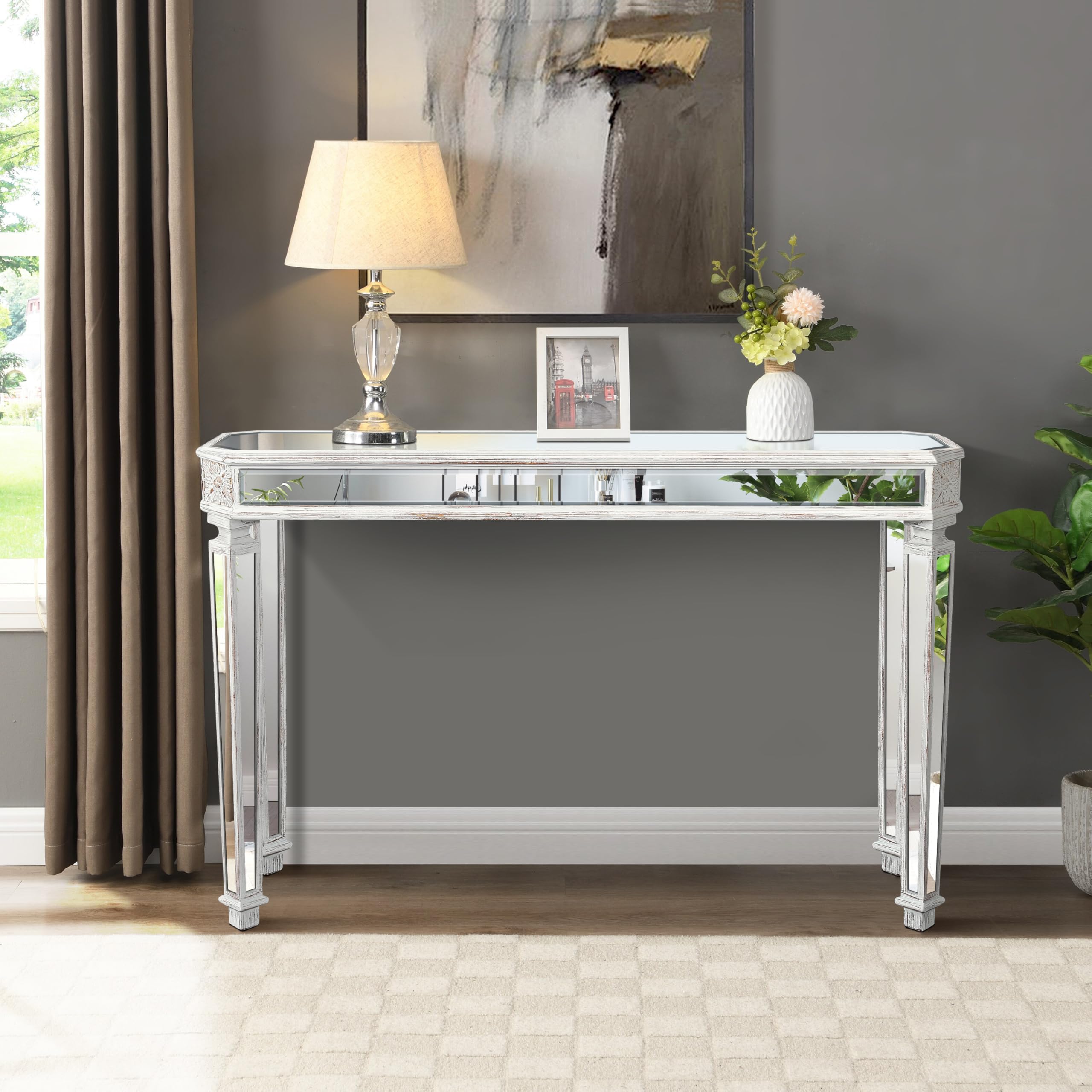 Mirrored Console Table, 48 inch Modern Mirror Sofa Table Vanity Desk with Vintage Carved Elements, Silver Mirrored Narrow Entryway Table Writing Desk
