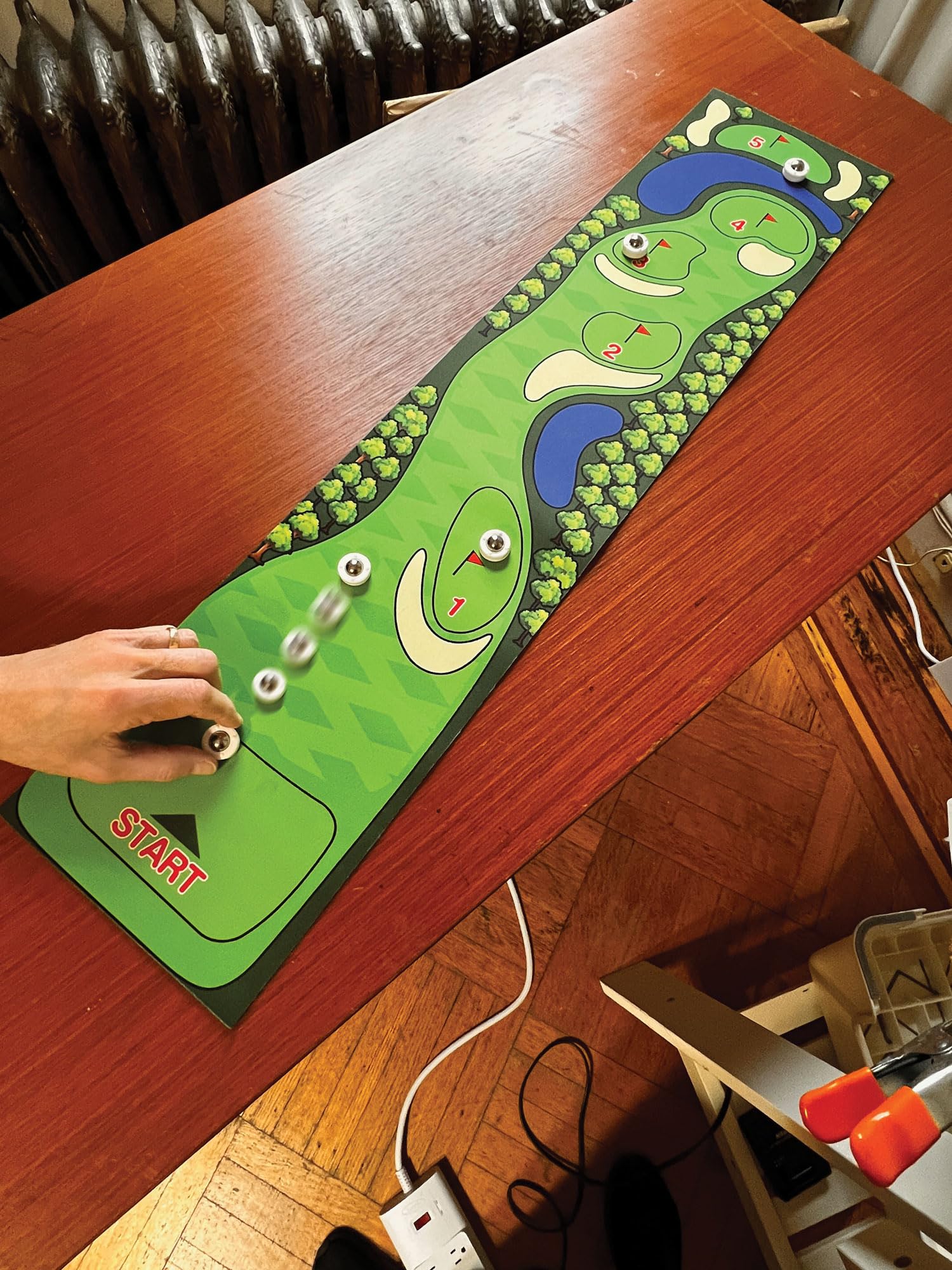 Desktop Novelty Golf Skill Building Golf Mat Finger Curling Game with Non-Skid Colorful Tabletop Putting Green Indoor Mat and 5 Golf Stones, Golf Aid for Home and Office, Fun Indoor Golf