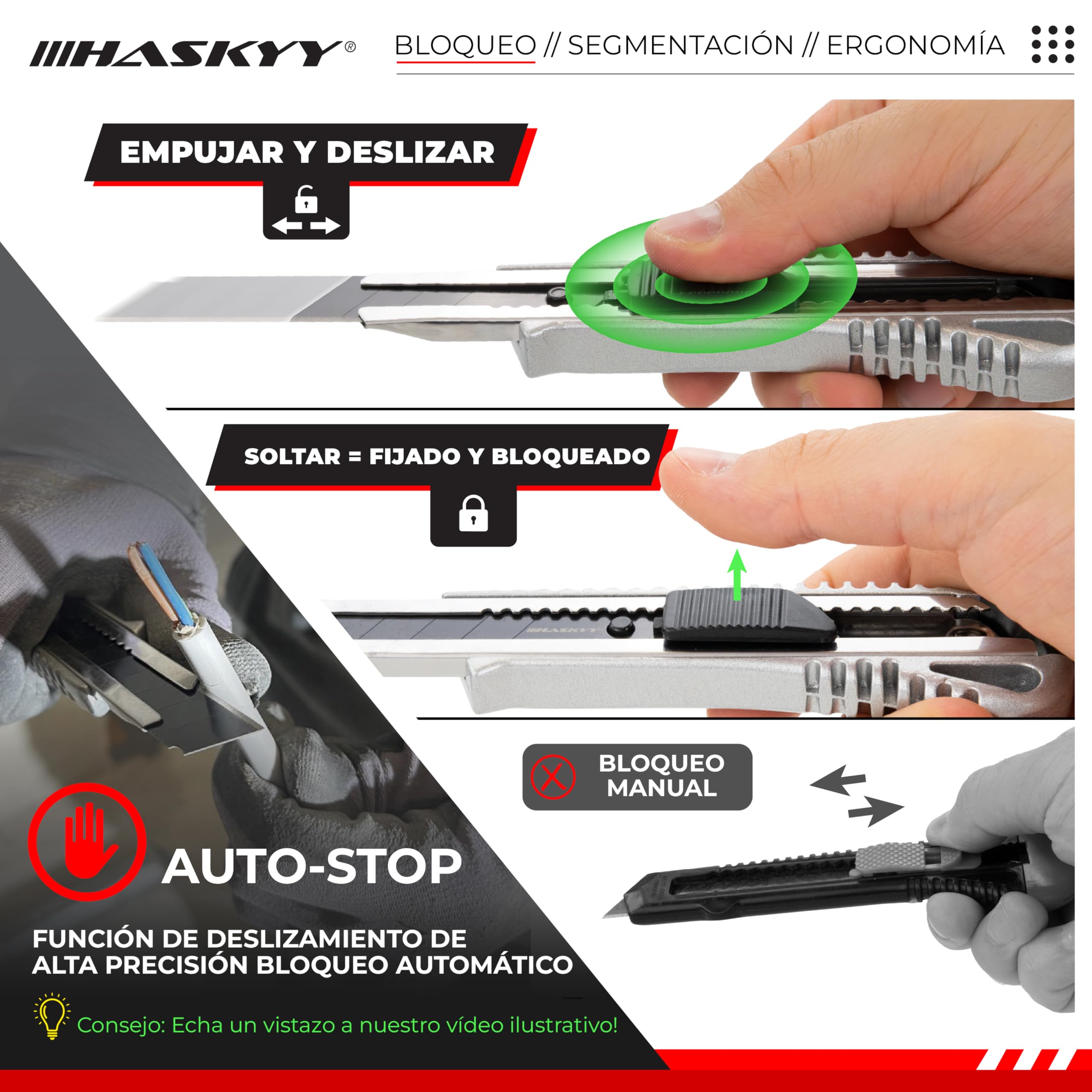 HASKYY Pack 2 Cúteres Profesionales 18mm + 5 Hojas SK5 Premium - Navajas de Seguridad con Auto-Lock