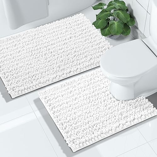 Yimobra Juego de 2 alfombras de baño de chenilla, suaves en forma de U y esponjosas, alfombra de ducha antideslizante y absorbente para suelo de