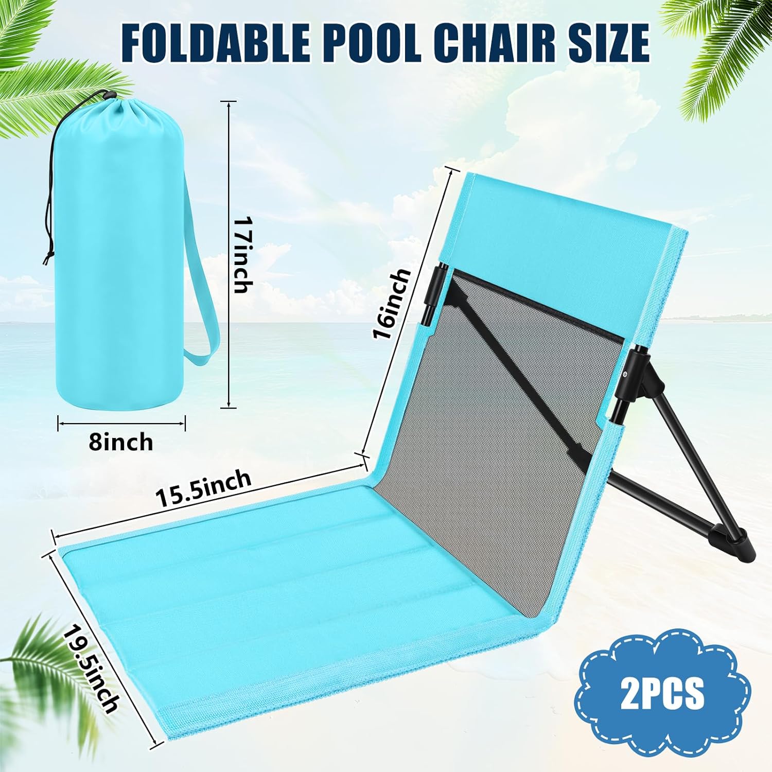 Foldable Poolside Chairs, 2 Pack Lightweight Portable Beach Chairs with Back Support for Adults, Compact Folding Pool Edge Chair for Outdoor Camping Picnic Beach, Light Blue