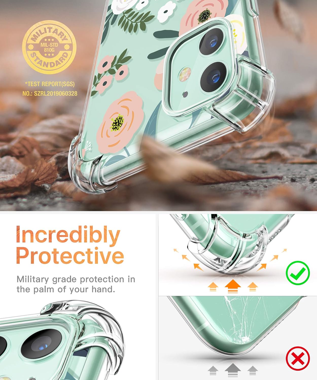 GVIEWIN iPhone 11 Case,Clear Flower Design Soft&Flexible TPU Ultra-Thin Shockproof Transparent Bumper Protective Floral Cover Case for iPhone 11 6.1 inch 2019, Fresh Touch/Cyan