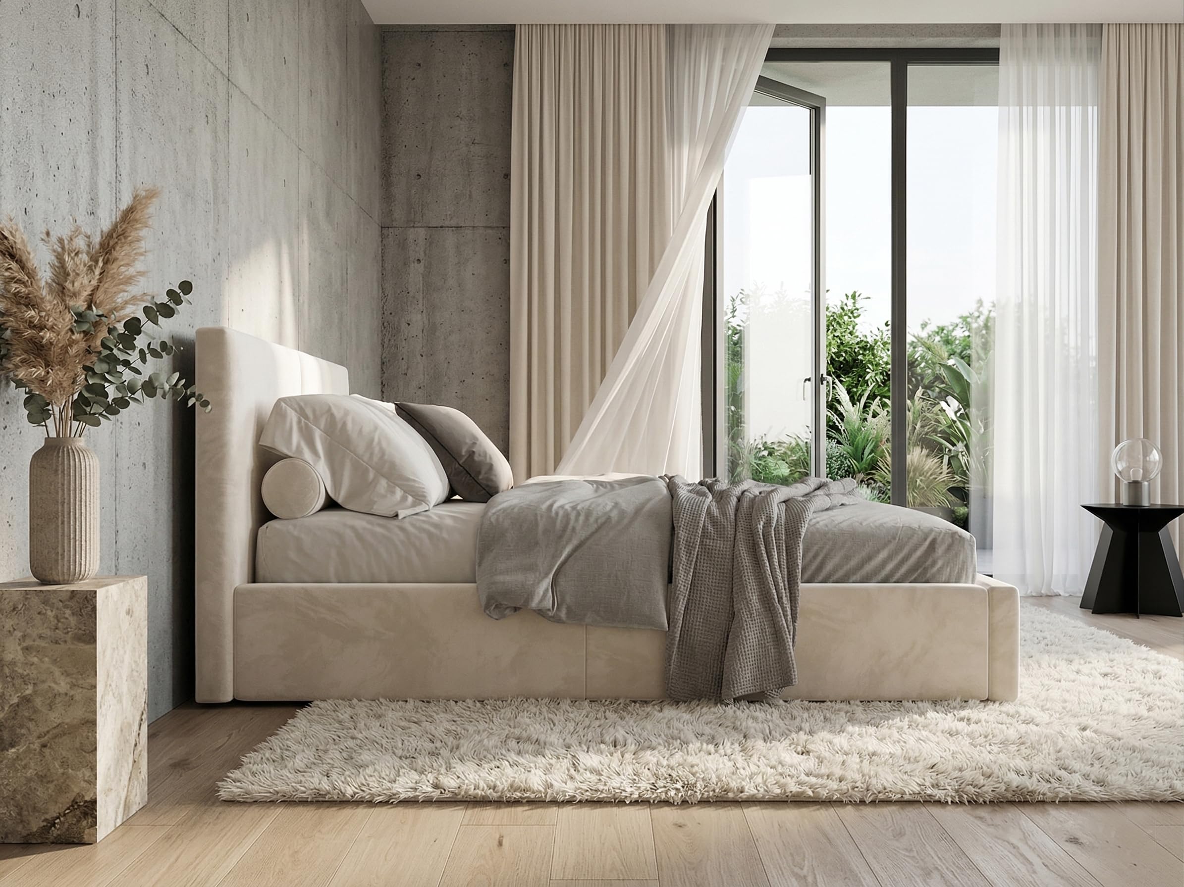 Letto imbottito 160 Hilton struttura del letto con rete a doghe in metallo con contenitore letto matrimoniale giroletto imbottito con cassettone letto per camera da letto (cashmere, 160x200)