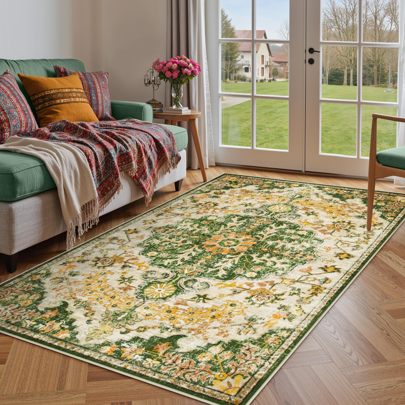 Lahome Reine Bohemian Floral Medallion Area Rug, 4x6 Soft Rugs for Living Room Washable Rugs for Bedroom, Vintage Non Slip Indoor Carpet for Apartment