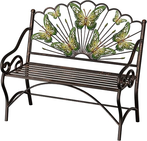 KINGBO Banco de jardín para exteriores de 39 pulgadas con reposabrazos y respaldo, banco de patio de hierro fundido con asiento de listones y patrón