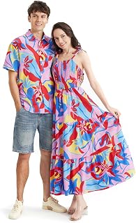 Couples Matching Hawaiian Outfits: Beach Vacation Tropical Print Women Spaghetti Strap Maxi Dress or Men Cruise Shirt