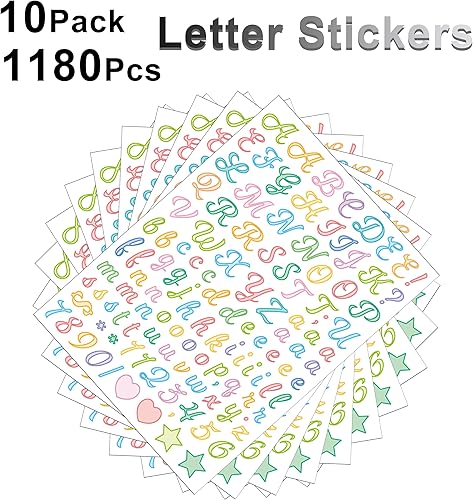 Miniatura 3 de 10 hojas de calcomanías cursivas de letras pequeñas de 12 pulgada, 1560 calcomanías del alfabeto de 0.5 pulgadas, calcomanías de vinilo con símbolos
