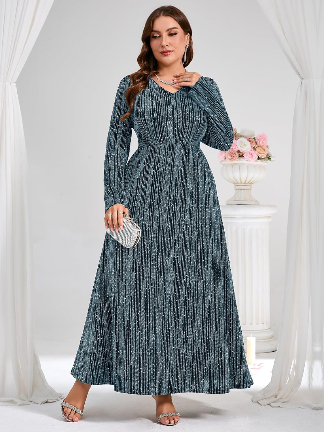 ZOMVA Plus Size Sparkly Formal Dress A-Line V-Neck Long Sleeve Glitter Maxi Gown Wedding Guest Cocktail Evening Party - Image 3