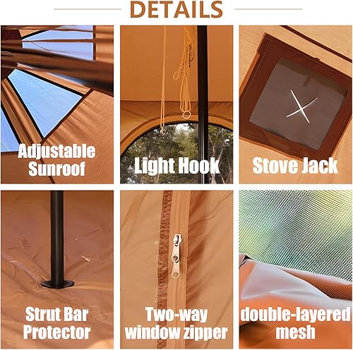 Miniatura 5 de ShinHye Tienda de campaña Campana de 16.4 pies para glamping y camping, lona impermeable con gato de estufa, suelo extraíble y 8 ventanas de malla