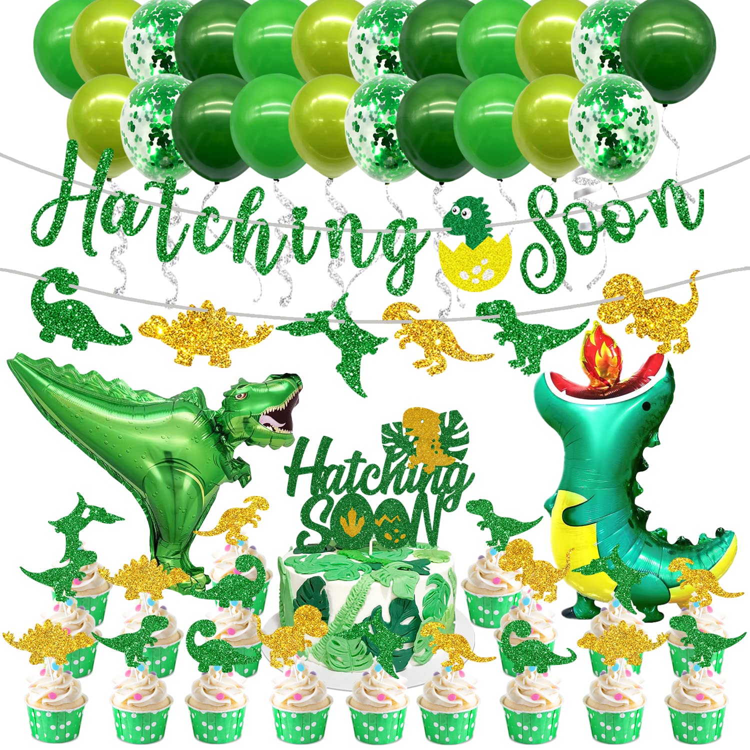 Dinosaur Hatching Soon Gender Reveal Party Decorations Set - Baby Shower Welcome Baby Glitter Dino Eggshell Cake Topper Banners Balloons Supplies - Gender Reveal It's A Boy Birthday Party Decoration