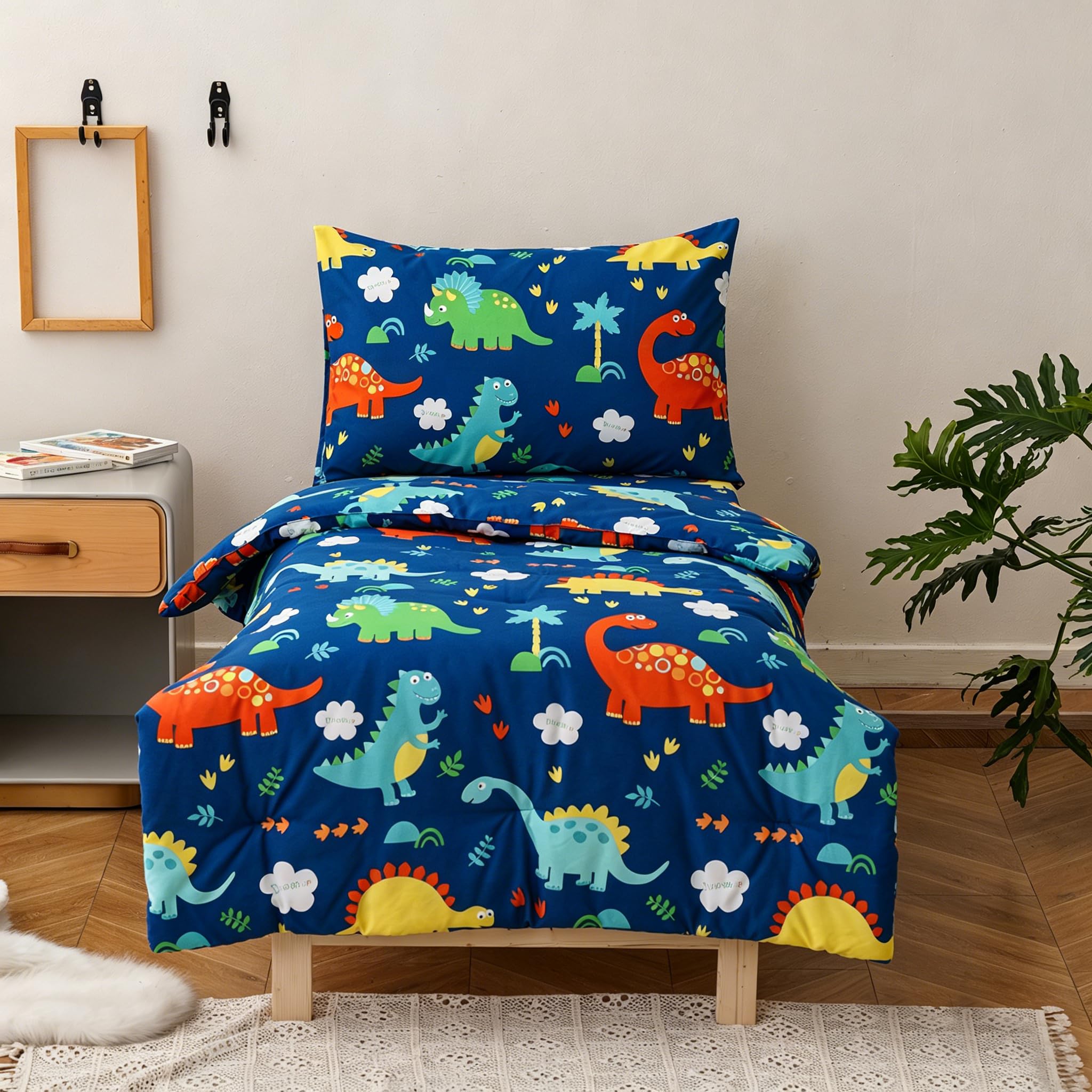 KAREVER Dinosaur Toddler Bedding Set Cartoon Print 4 Pieces Crib Bed Set Kids Animal Print Comforter Set