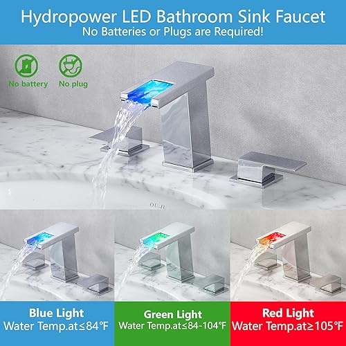 Miniatura 2 de Grifo generalizado con luz LED para cromo de 3 agujeros, 8 pulgadas, grifo de baño moderno de cascada con drenaje desplegable y manguera de