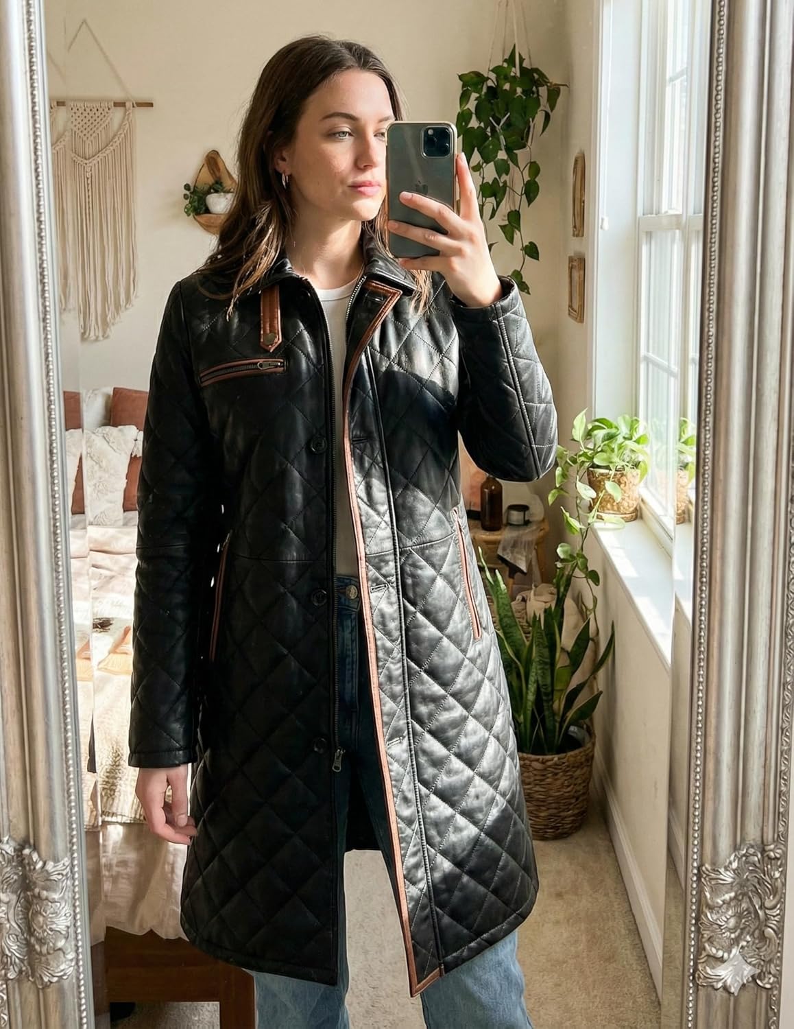 Decrum Leather Jacket Women - Real Lambskin Car Coat Style 3/4 Length Leather Coats For Women