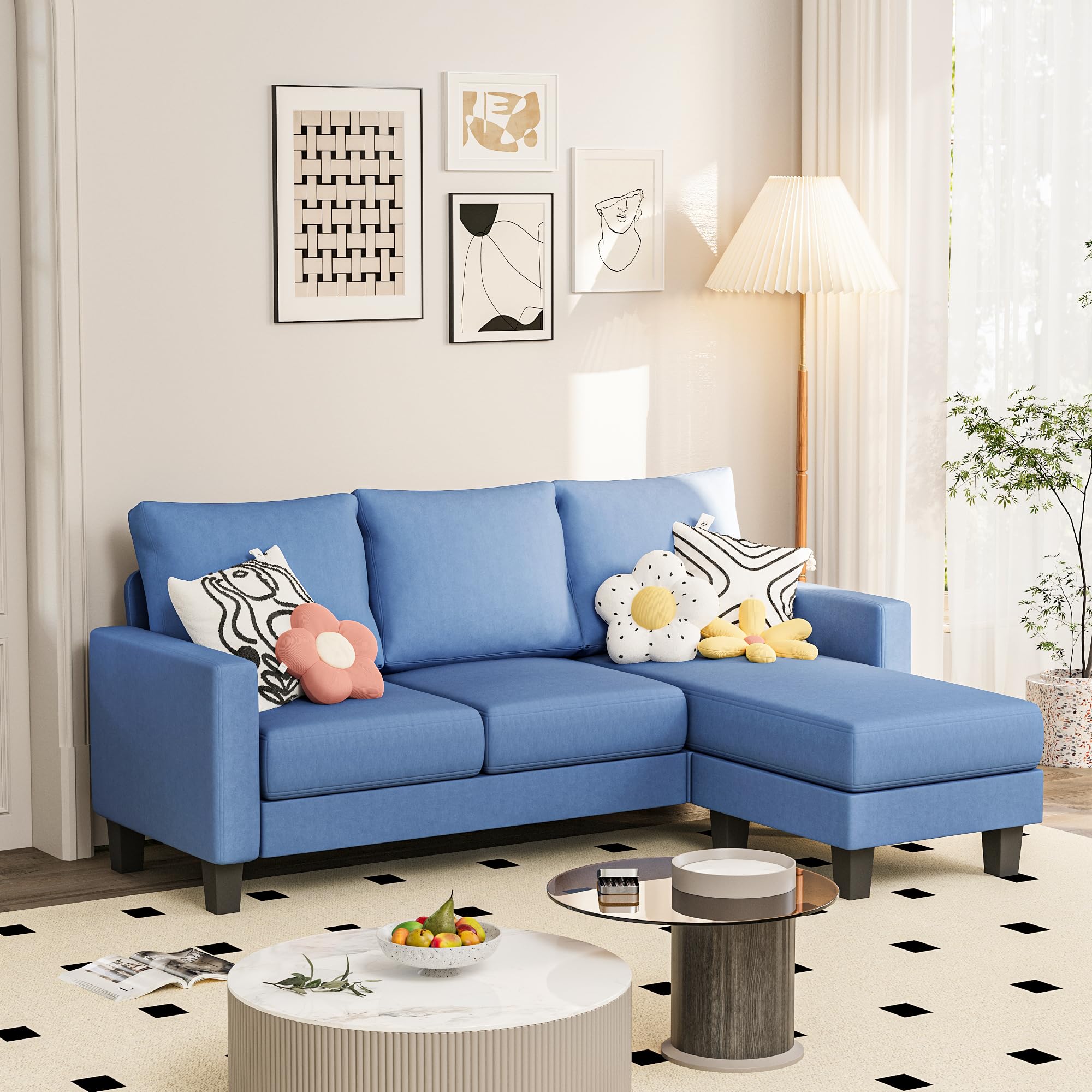 JUMMICO Couch for Small Living Room, 73" Small Sofa with Reversible Ottoman, 3 Seat L-Shaped Sofas, Comfy Couches for Apartment (Linen Fabric, Blue)