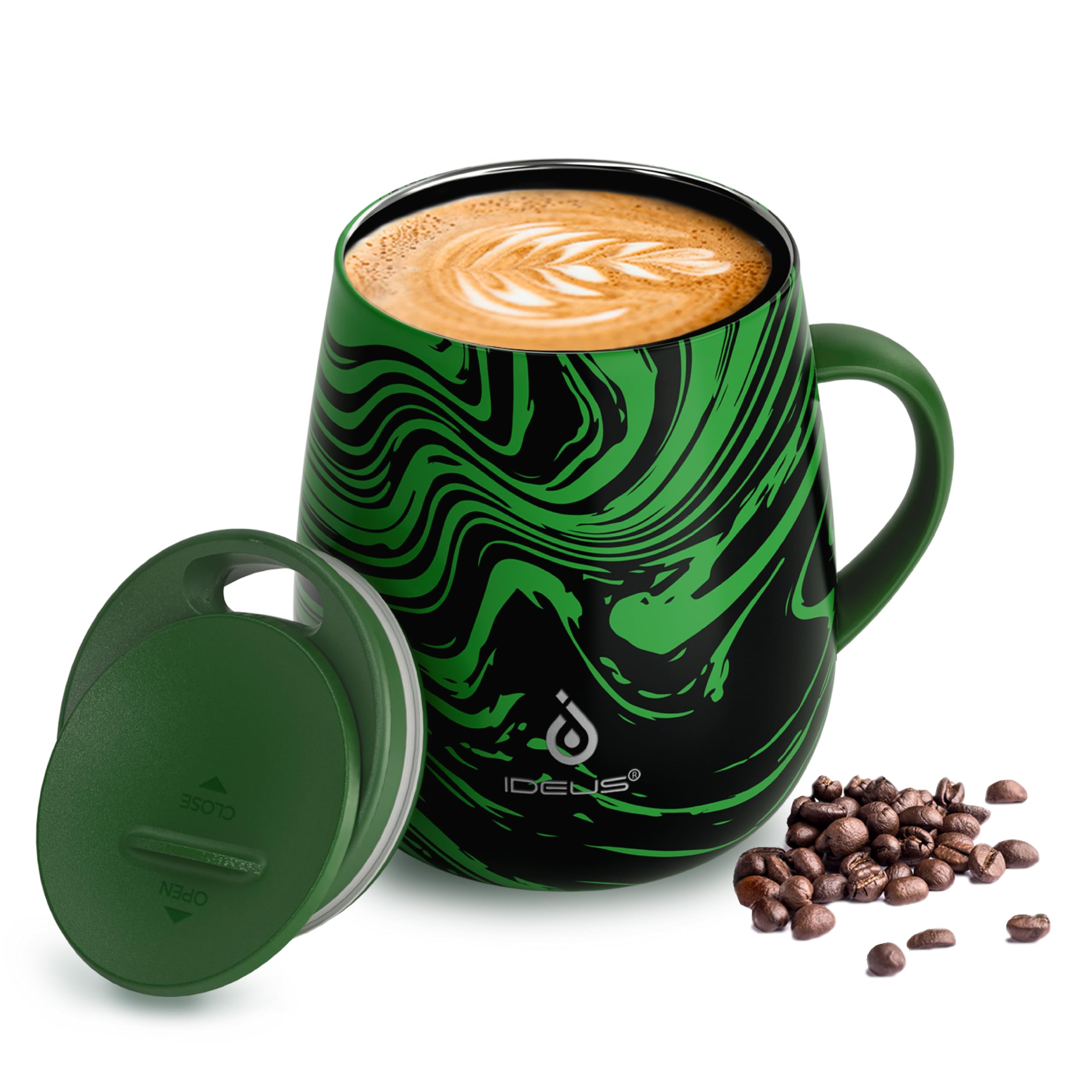 Ideus Tasse à café isotherme de 473 ml avec poignée et couvercle (zèbre vert) | Tasse à café isotherme à double paroi en acier inoxydable pour la maison et le bureau
