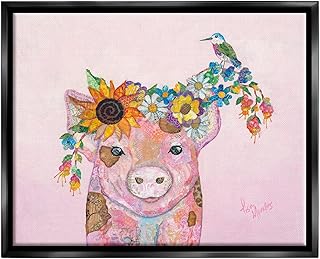 Stupell Industries Floral Pink Little Piggy & Bird Animal Collage Floating Framed Wall Art, Design by Lisa Morales