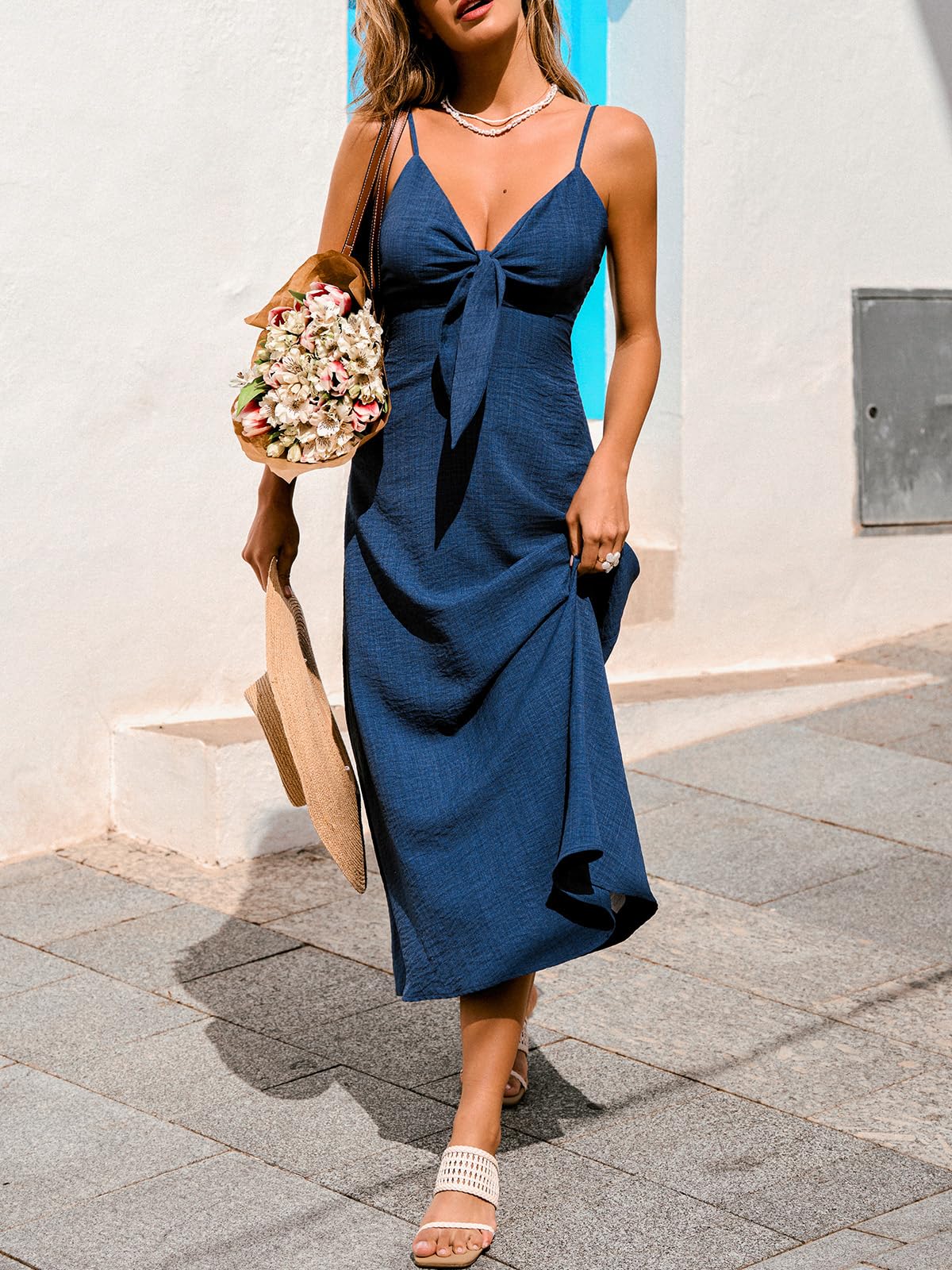 CUPSHE Damen Sommerkleid Maxikleid Spaghettiträger V-Ausschnitt Schleife Vorne Gesmokter Rücken A-Linie Strandkleid Boho Fließendes Urlaubskleid