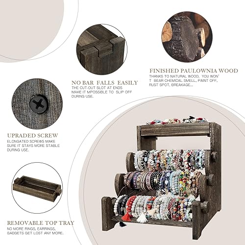 Vista 3 de LadyRosian Soporte de pulsera de madera de 4 niveles, organizador de exhibición de joyería para reloj y collar (caja marrón)