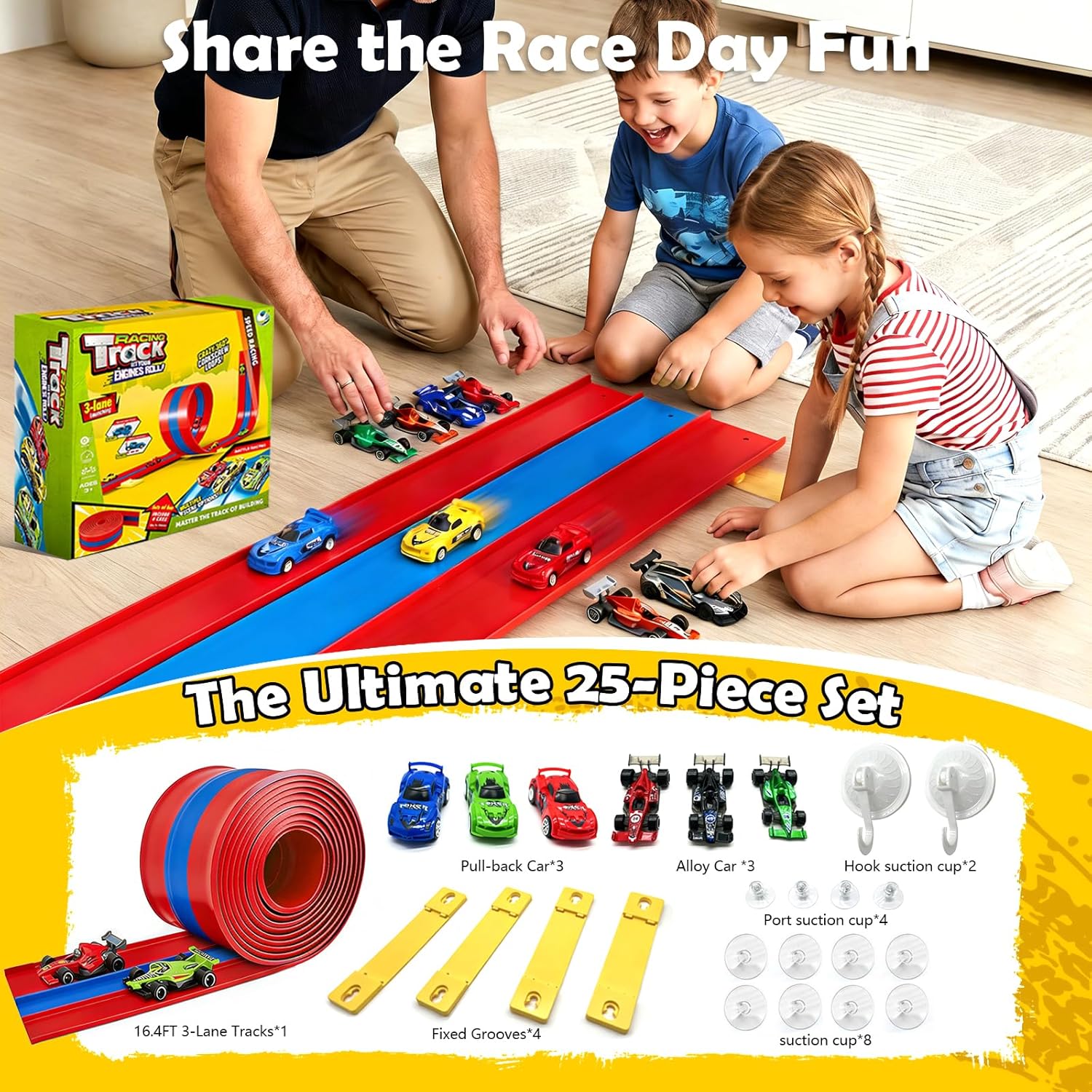 16ft Flex Track, Flexible Race Track for Kids 3-5 Year Old with 4 Pull-Back Cars, Portable Roll Up Racing Car Tracks for Toddlers, Birthday Gifts for Boys Girls (3 Lane - Blue & Red)
